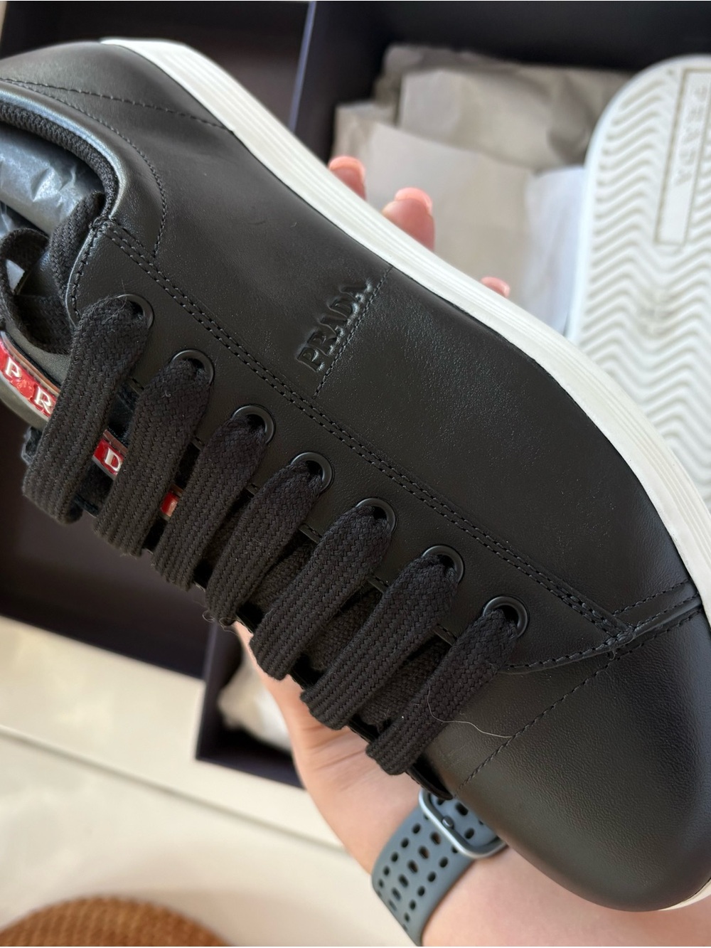 Prada Men’s Black and White Leather Sneakers - Picture 4 of 8